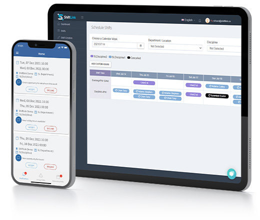 Shiftlink's scheduling management software on phone and tablet
